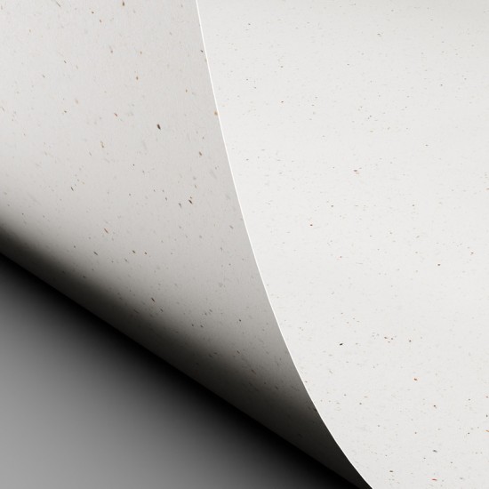Dettaglio superficie carta Curious Particles White Java riciclata con fibre vegetali e inclusioni organiche